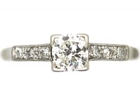 Art Deco 18ct White Gold & Platinum, Diamond Solitaire Ring with Diamond Set Shoulders