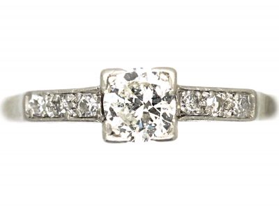 Art Deco 18ct White Gold & Platinum, Diamond Solitaire Ring with Diamond Set Shoulders