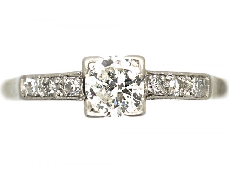 Art Deco 18ct White Gold & Platinum, Diamond Solitaire Ring with Diamond Set Shoulders