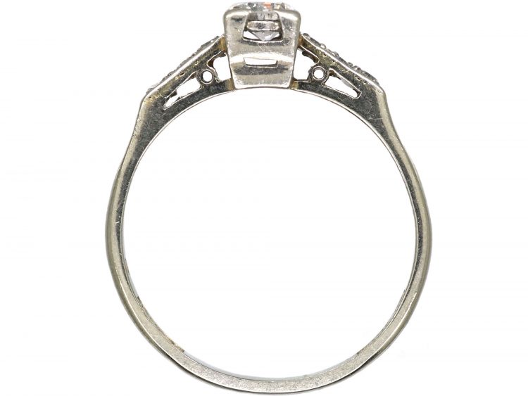 Art Deco 18ct White Gold & Platinum, Diamond Solitaire Ring with Diamond Set Shoulders