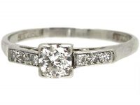 Art Deco 18ct White Gold & Platinum, Diamond Solitaire Ring with Diamond Set Shoulders