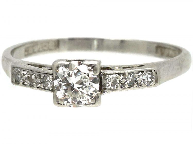 Art Deco 18ct White Gold & Platinum, Diamond Solitaire Ring with Diamond Set Shoulders
