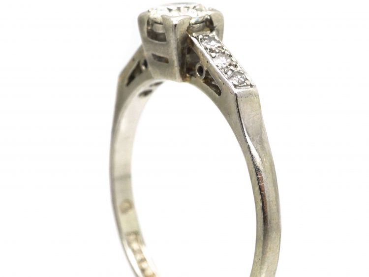 Art Deco 18ct White Gold & Platinum, Diamond Solitaire Ring with Diamond Set Shoulders