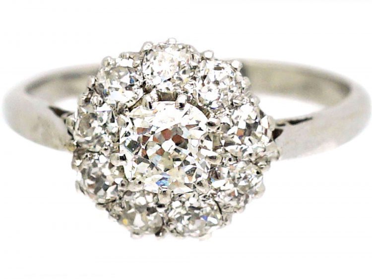 Early 20th Century 18ct White Gold & Platinum, Old Mine Cut Diamond Daisy Cluster Ring