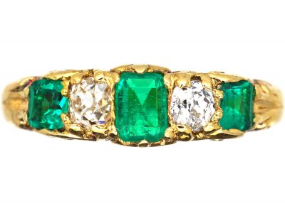 Victorian 18ct Gold, Emerald & Diamond Five Stone Carved Half Hoop Ring