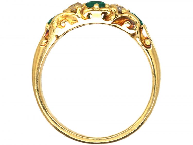 Victorian 18ct Gold, Emerald & Diamond Five Stone Carved Half Hoop Ring