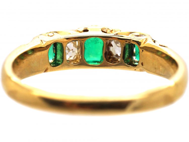 Victorian 18ct Gold, Emerald & Diamond Five Stone Carved Half Hoop Ring