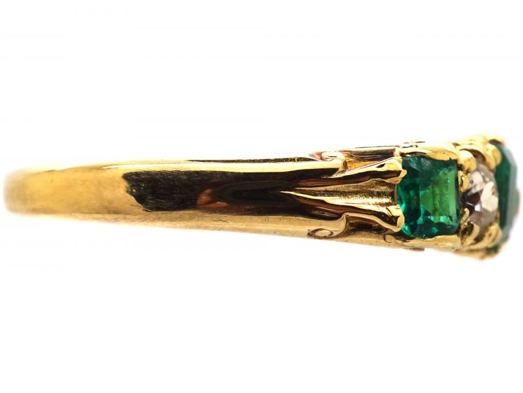 Victorian 18ct Gold, Emerald & Diamond Five Stone Carved Half Hoop Ring