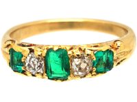 Victorian 18ct Gold, Emerald & Diamond Five Stone Carved Half Hoop Ring