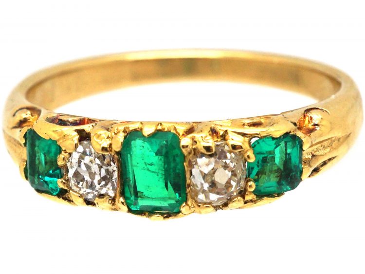 Victorian 18ct Gold, Emerald & Diamond Five Stone Carved Half Hoop Ring