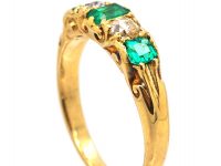 Victorian 18ct Gold, Emerald & Diamond Five Stone Carved Half Hoop Ring