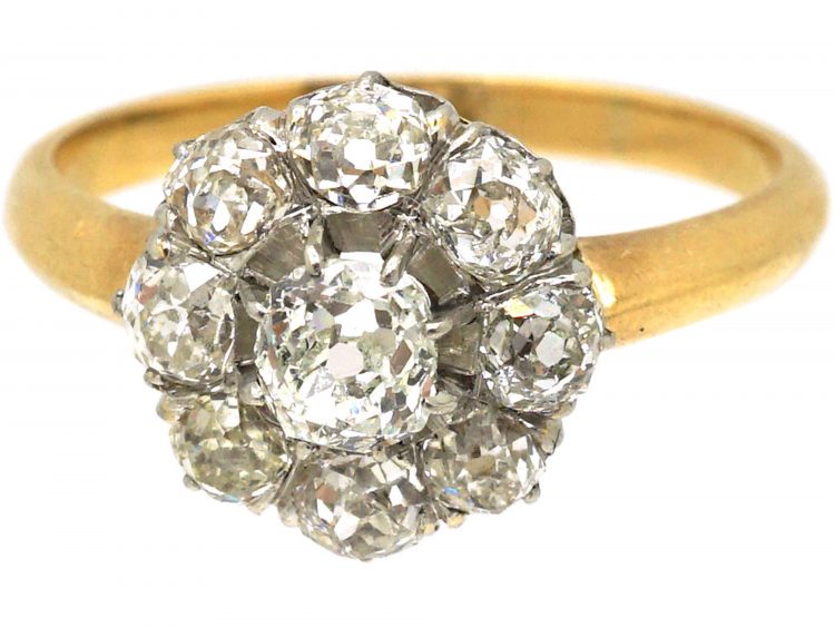 French Early 19th Century 18ct Gold & Platinum Cluster Ring set with Old Mine Cut Diamonds
