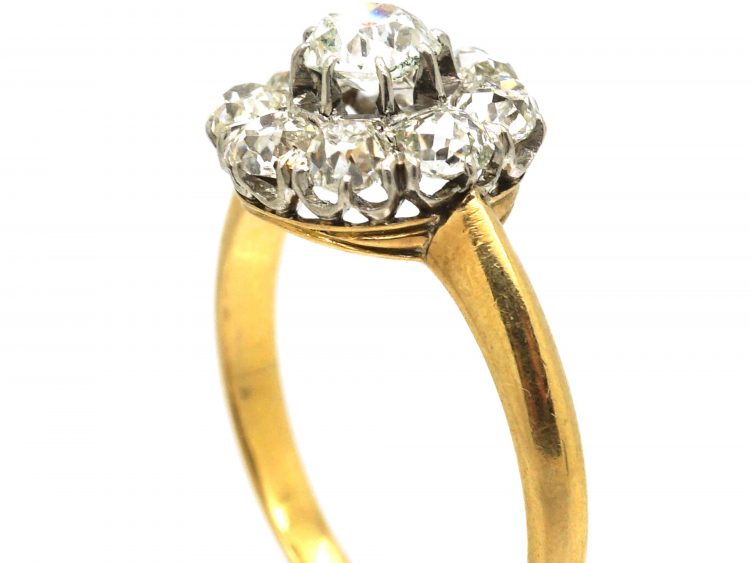 French Early 19th Century 18ct Gold & Platinum Cluster Ring set with Old Mine Cut Diamonds