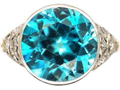 Edwardian Platinum & Diamond Ring set with a Large Blue Zircon