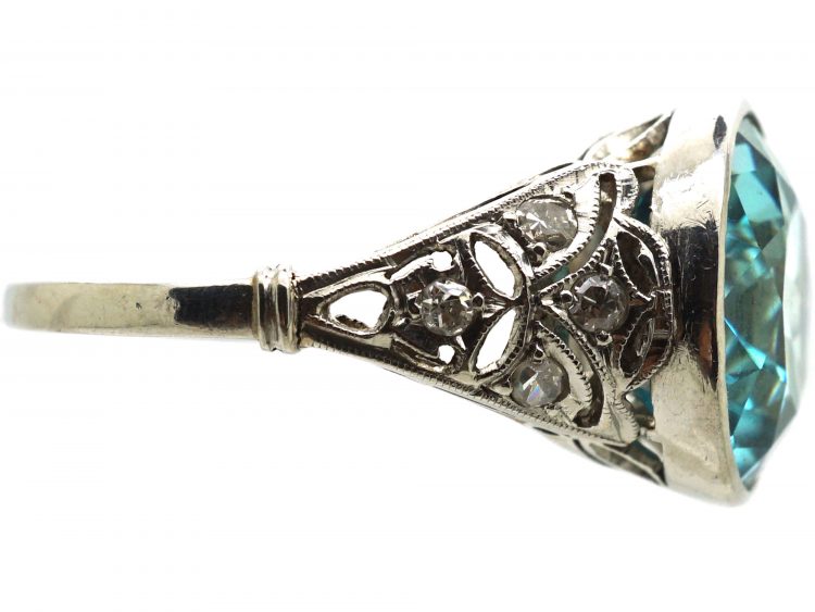 Edwardian Platinum & Diamond Ring set with a Large Blue Zircon