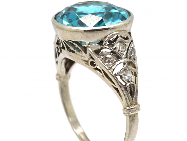 Edwardian Platinum & Diamond Ring set with a Large Blue Zircon