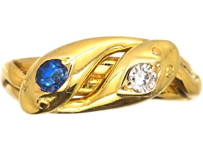 Edwardian 18ct Gold Snake Ring set with a Sapphire & a Diamond