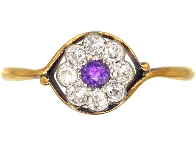 Edwardian 18ct Gold & Platinum, Amethyst & Diamond Cluster Ring