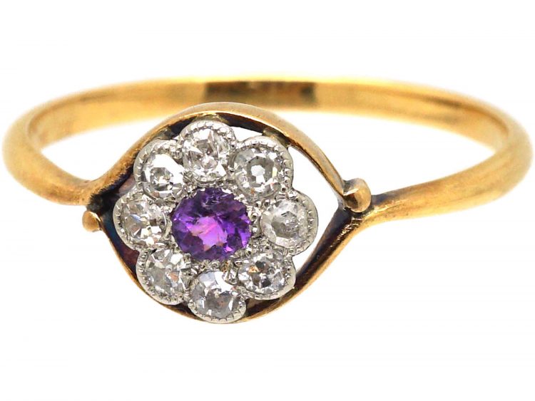 Edwardian 18ct Gold & Platinum, Amethyst & Diamond Cluster Ring