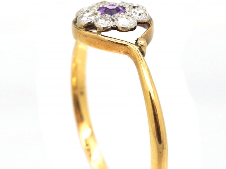 Edwardian 18ct Gold & Platinum, Amethyst & Diamond Cluster Ring