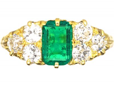Victorian 18ct Gold, Emerald & Diamond Carved Half Hoop Ring