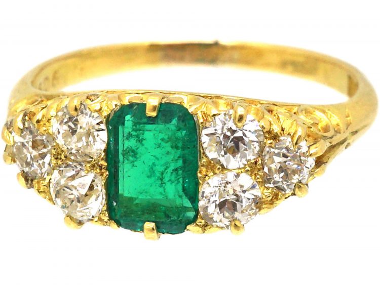 Victorian 18ct Gold, Emerald & Diamond Carved Half Hoop Ring