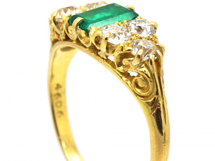 Victorian 18ct Gold, Emerald & Diamond Carved Half Hoop Ring