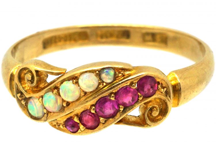 Edwardian 18ct Gold Crossover Ring set with Rubies & Opals