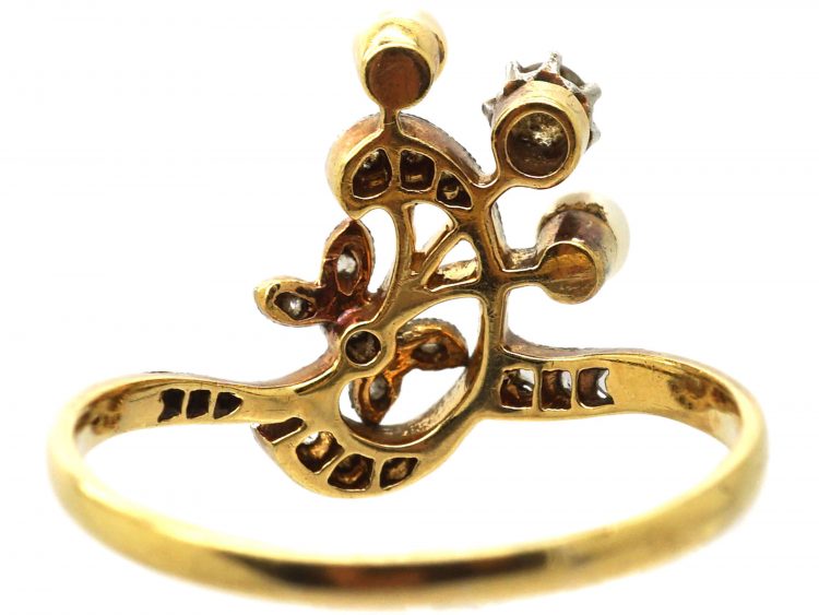 Art Nouveau 18ct Gold & Platinum, Diamond & Natural Pearl Ring