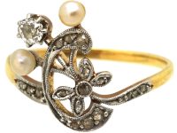 Art Nouveau 18ct Gold & Platinum, Diamond & Natural Pearl Ring