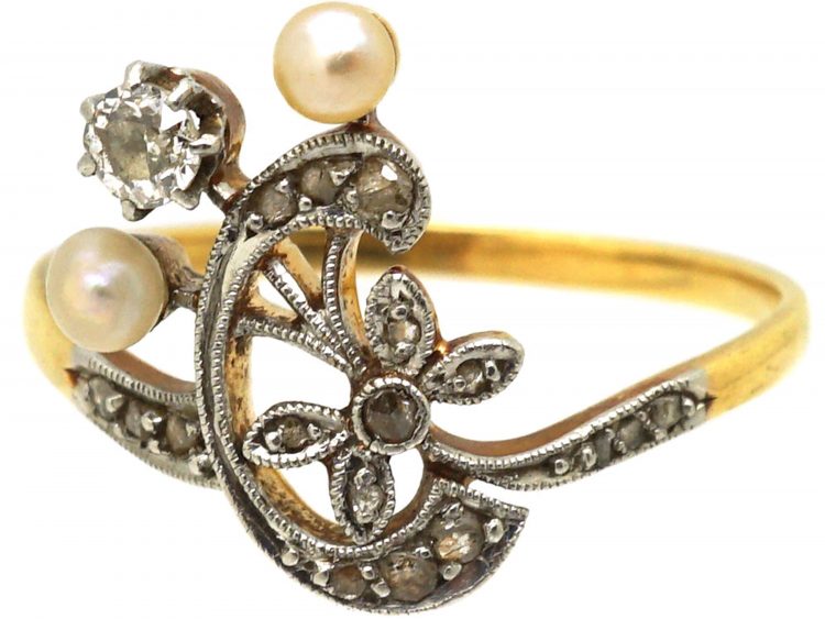 Art Nouveau 18ct Gold & Platinum, Diamond & Natural Pearl Ring