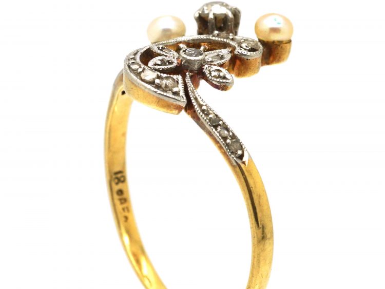 Art Nouveau 18ct Gold & Platinum, Diamond & Natural Pearl Ring
