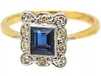 Art Deco 18ct Gold & Platinum, Sapphire & Diamond Rectangular Ring