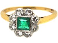 Early 20th Century 18ct Gold & Platinum, Square Cut Emerald & Diamond Ring