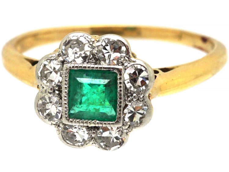 Early 20th Century 18ct Gold & Platinum, Square Cut Emerald & Diamond Ring