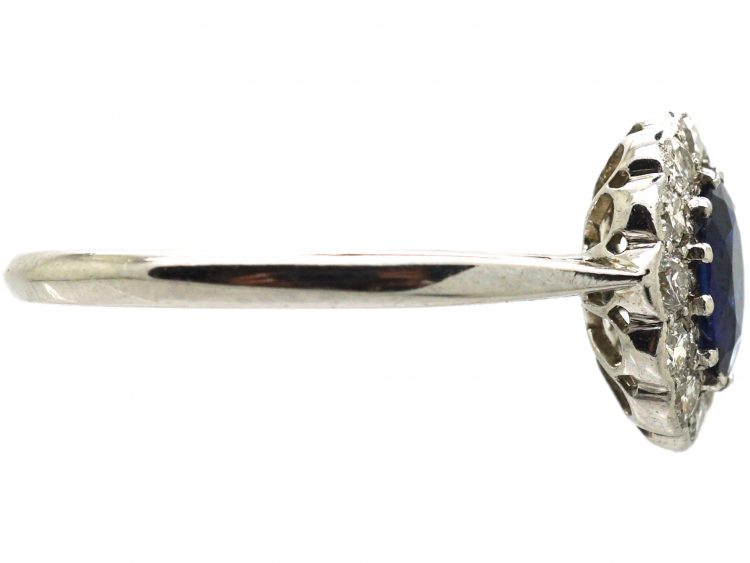 Early 20th Century 18ct White Gold & Platinum, Sapphire & Diamond Oval Cluster Ring