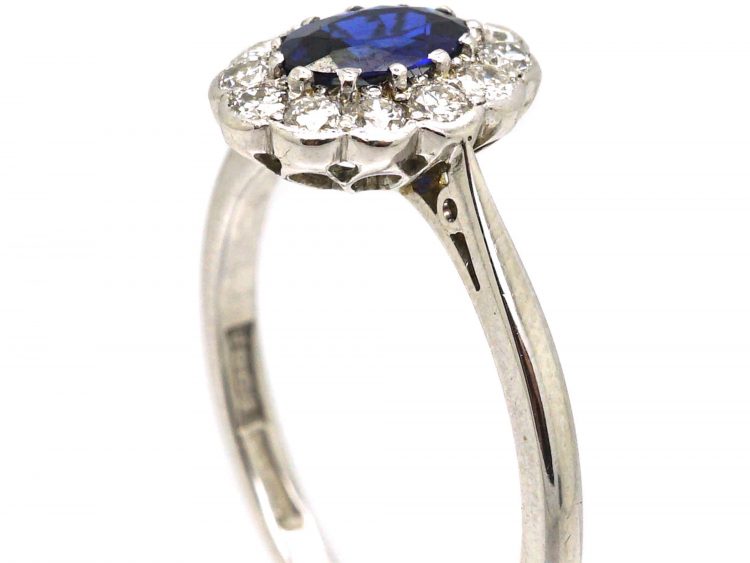 Early 20th Century 18ct White Gold & Platinum, Sapphire & Diamond Oval Cluster Ring