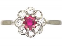 Mid 20th Century Platinum, Ruby & Diamond Cluster Ring