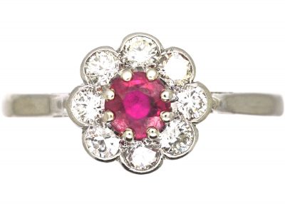 Mid 20th Century Platinum, Ruby & Diamond Cluster Ring