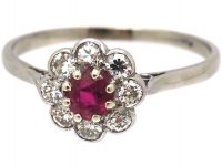 Mid 20th Century Platinum, Ruby & Diamond Cluster Ring
