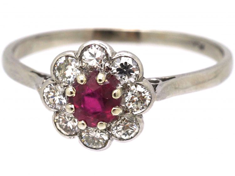 Mid 20th Century Platinum, Ruby & Diamond Cluster Ring