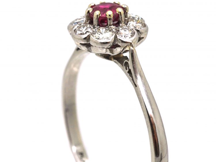 Mid 20th Century Platinum, Ruby & Diamond Cluster Ring