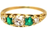 Victorian 18ct Gold, Emerald & Diamond Five Stone Ring