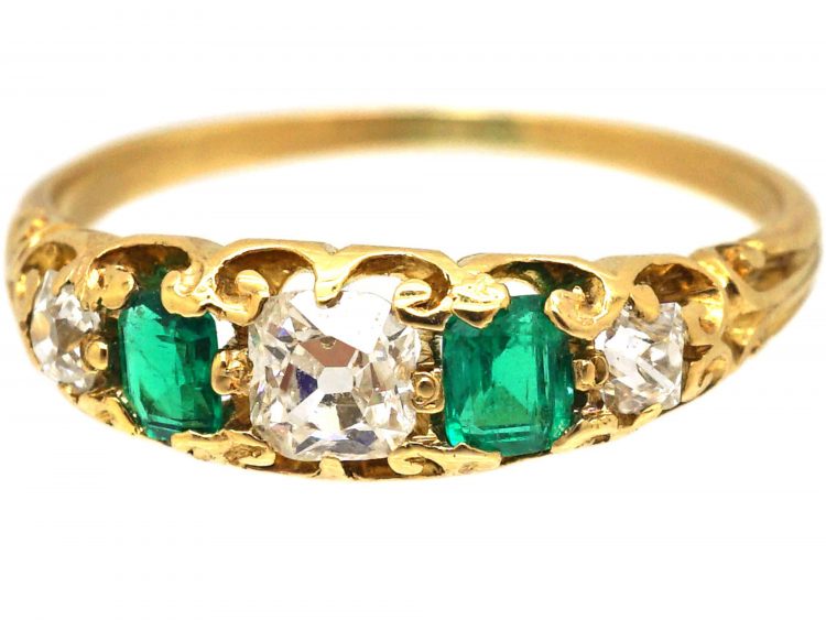 Victorian 18ct Gold, Emerald & Diamond Five Stone Ring