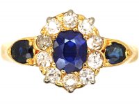 Edwardian 18ct Gold, Sapphire & Diamond Cluster Ring with Sapphire Set Shoulders