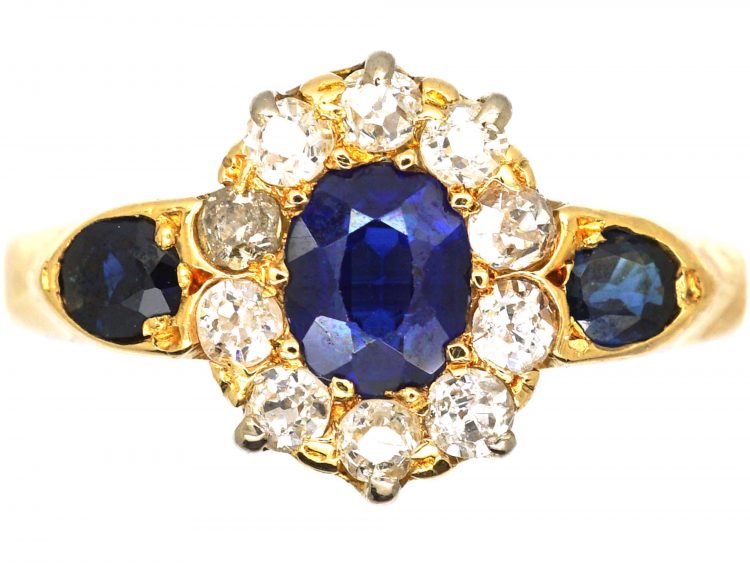 Edwardian 18ct Gold, Sapphire & Diamond Cluster Ring with Sapphire Set Shoulders