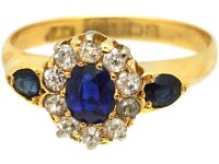 Edwardian 18ct Gold, Sapphire & Diamond Cluster Ring with Sapphire Set Shoulders