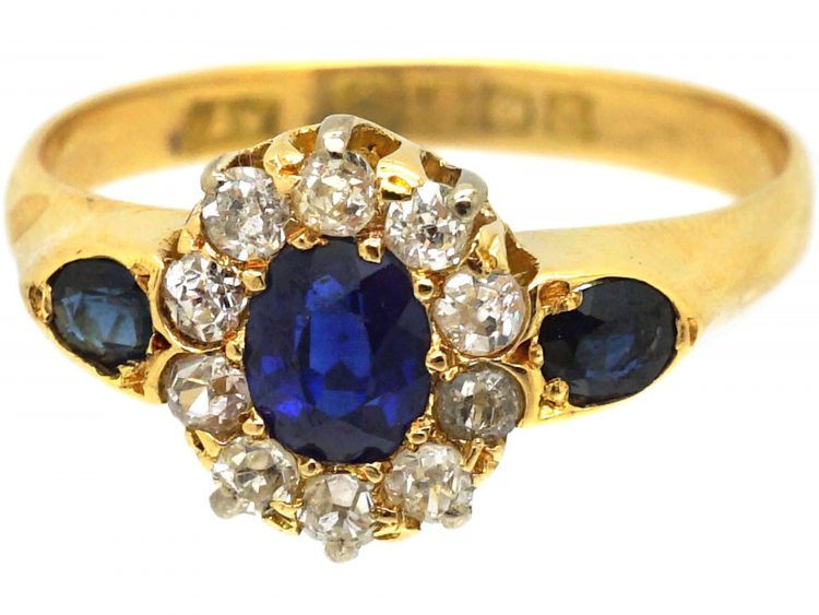 Edwardian 18ct Gold, Sapphire & Diamond Cluster Ring with Sapphire Set Shoulders