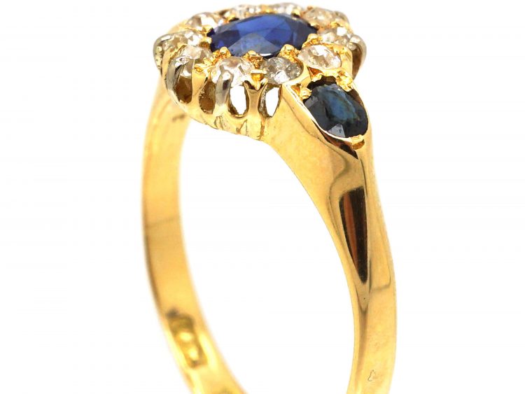Edwardian 18ct Gold, Sapphire & Diamond Cluster Ring with Sapphire Set Shoulders