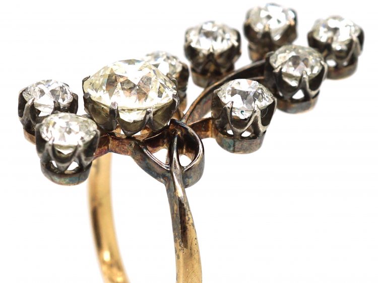 Art Nouveau Large Flower Spray Ring set with Old European Cut Diamonds